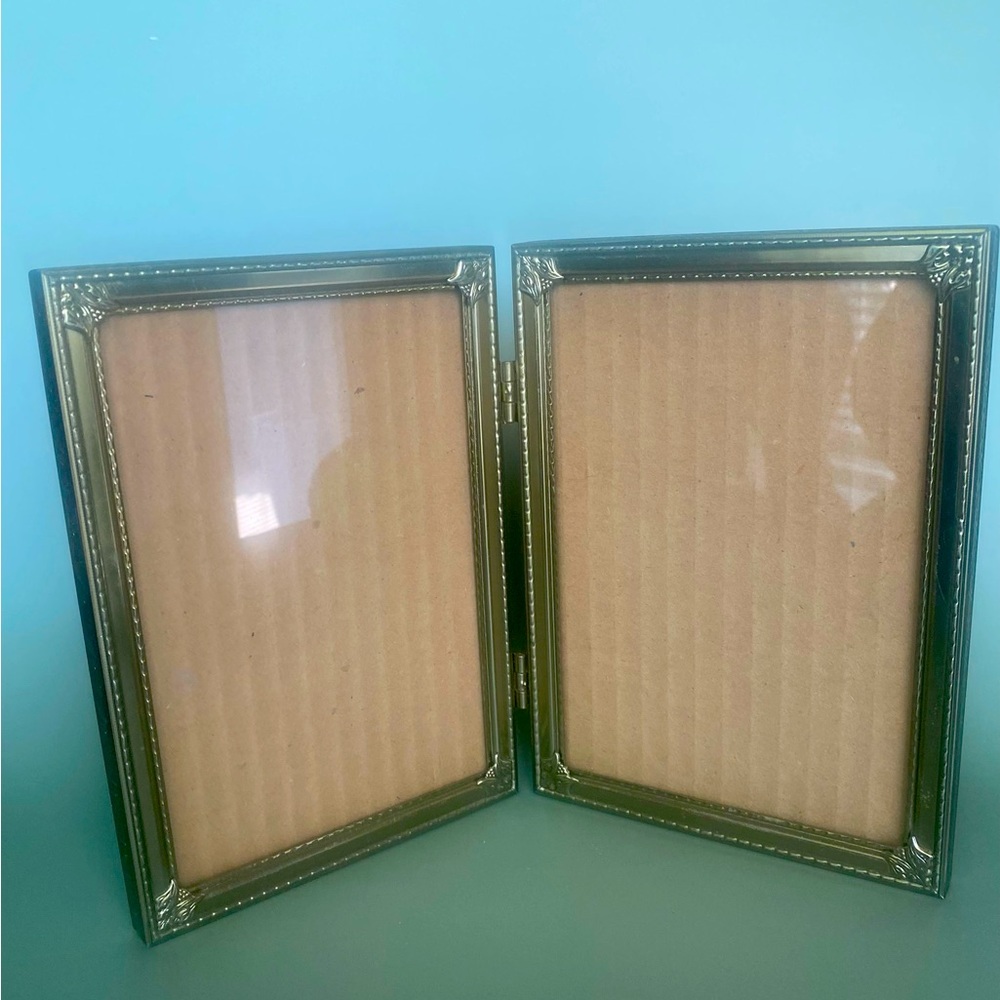 Vintage Brass Colored Metal Double Folding Photo Frame